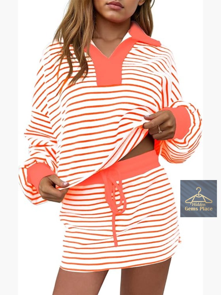 Striped 2 Piece Lounge Set Long Sleeve Sweatshirt Skirt Set V Neck